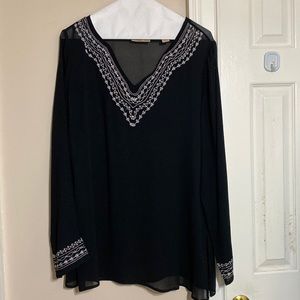 Chic black blouse with white lace/beaded neckline